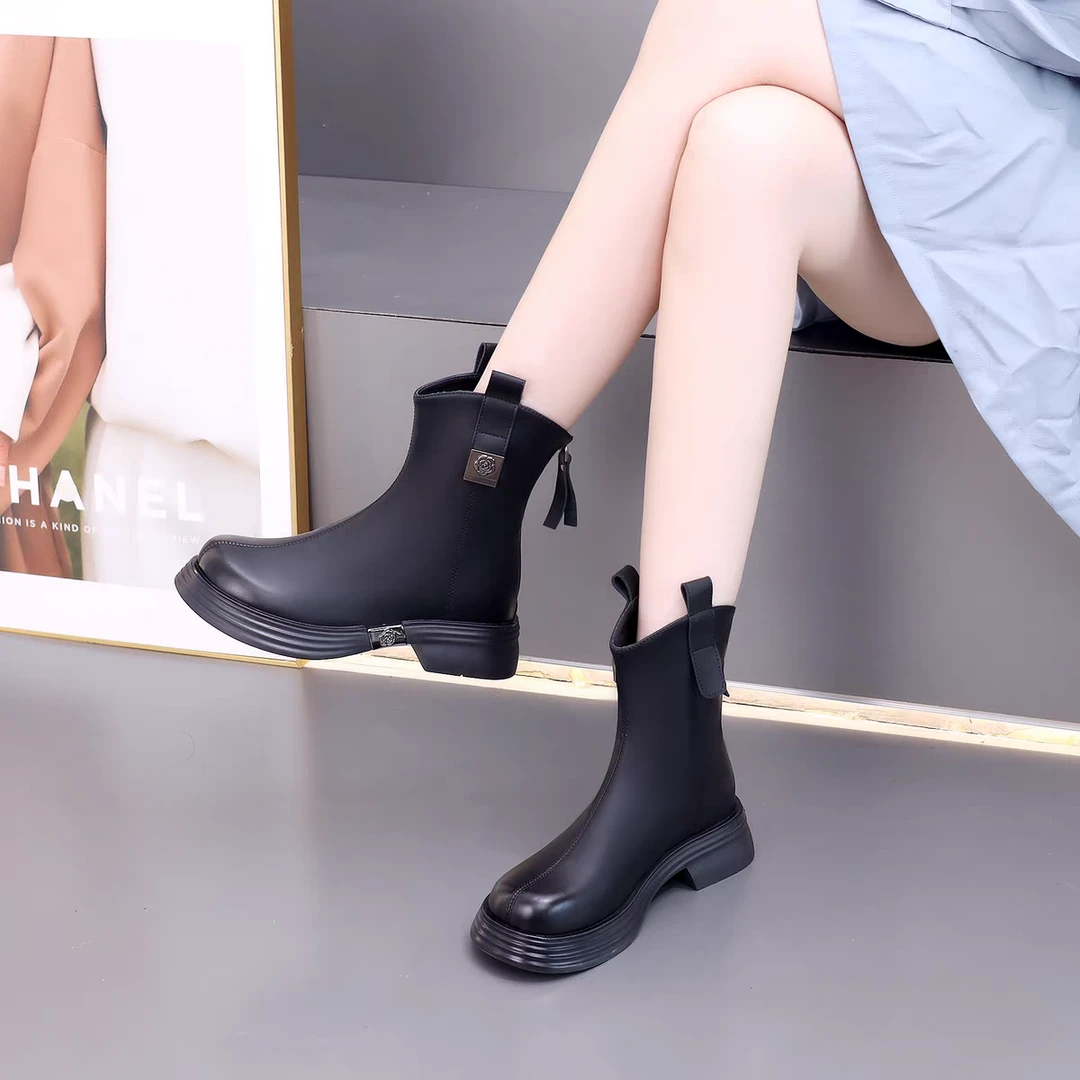 短靴加绒马丁靴【5070】粗跟英伦风女增高厚底烟筒靴子新疆包邮