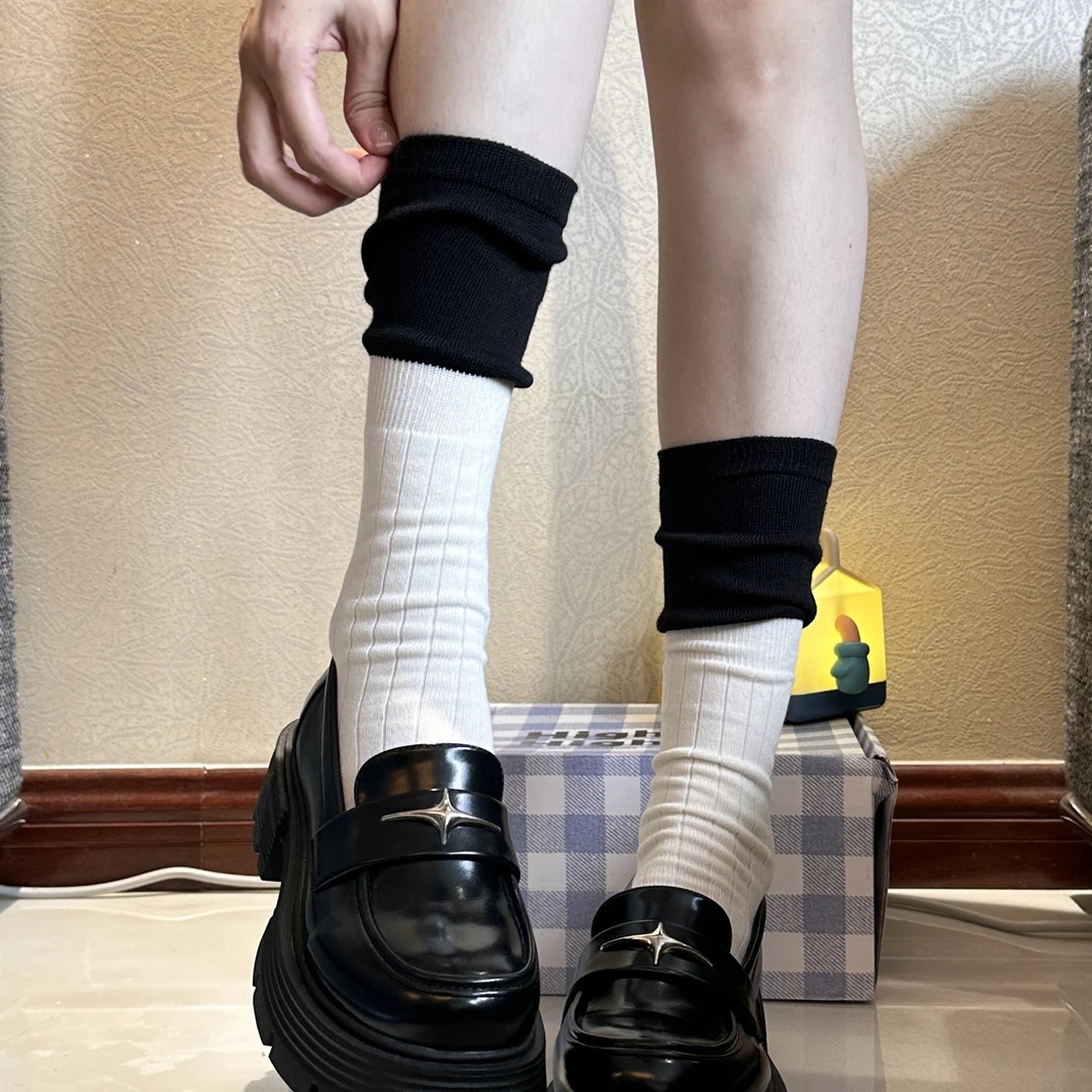 黑白撞色小腿袜女堆堆袜宽松显瘦棉袜ins风女袜