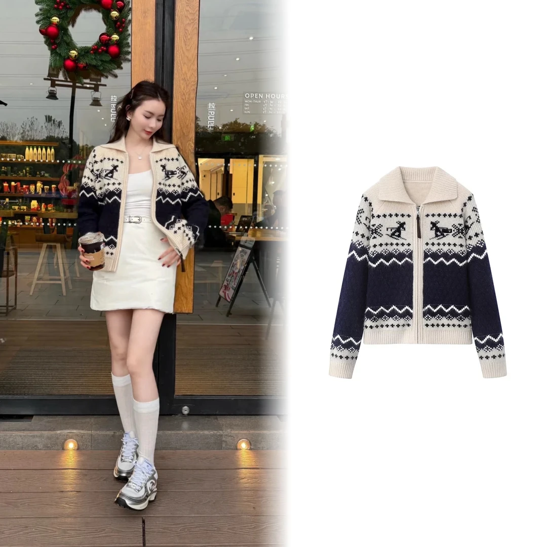 【1160】滑雪提花翻领立领针织衫毛衣开衫外套女