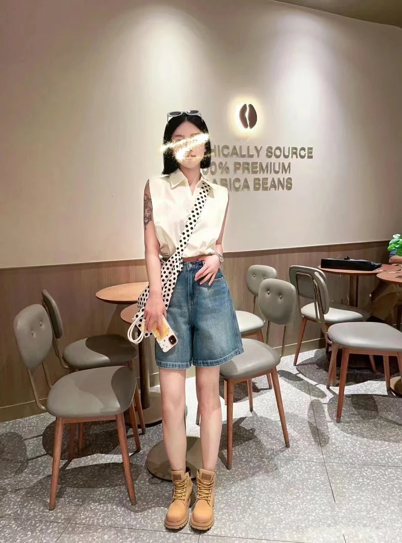 【】2024夏季复古水洗蓝色牛仔短裤女高腰显瘦宽松休闲直筒五分裤