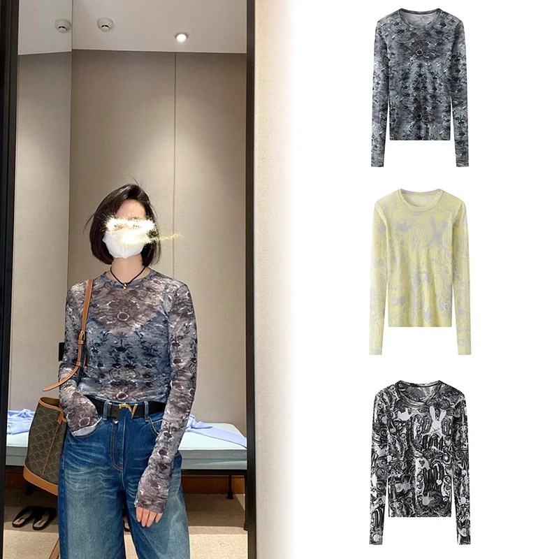 【0229】【万能打底】印花网纱打底衫女内搭修身圆领弹力长袖皮肤衣