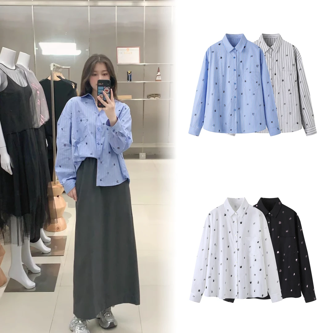 【T738】2024春秋蝴蝶亮片刺绣重工宽松显瘦休闲长袖薄款衬衫女上衣