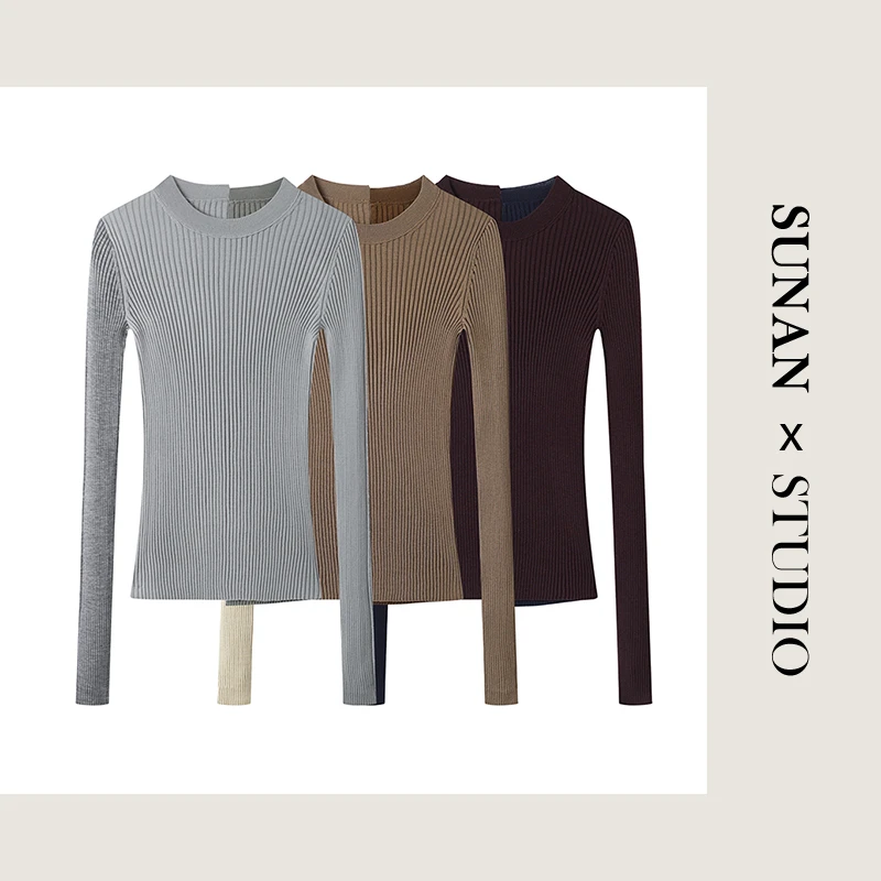 【T850】2024秋季气质修身圆领拼色针织衫内搭弹力打底衫毛衣女上衣