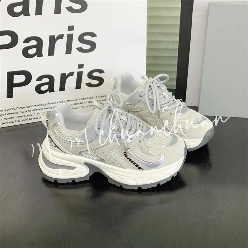 时尚银色老爹鞋女百搭厚底潮鞋新款透气网面休闲运动鞋 F2419