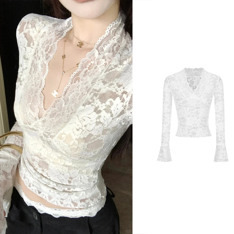 Moses Queen/魔西女王纯欲辣妹V领蕾丝花边上衣女微喇叭长袖罩衫
