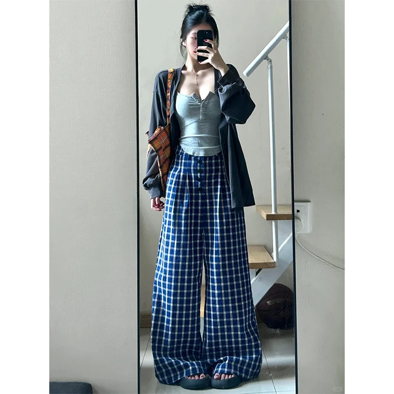 Moses Queen/魔西女王复古蓝色格子裤女春秋拖地休闲裤宽松阔腿裤