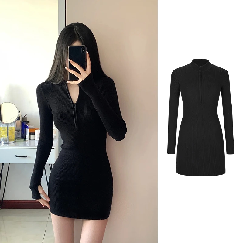 Moses Queen/魔西女王V领拉链长袖针织连衣裙女秋冬内搭包臀短裙