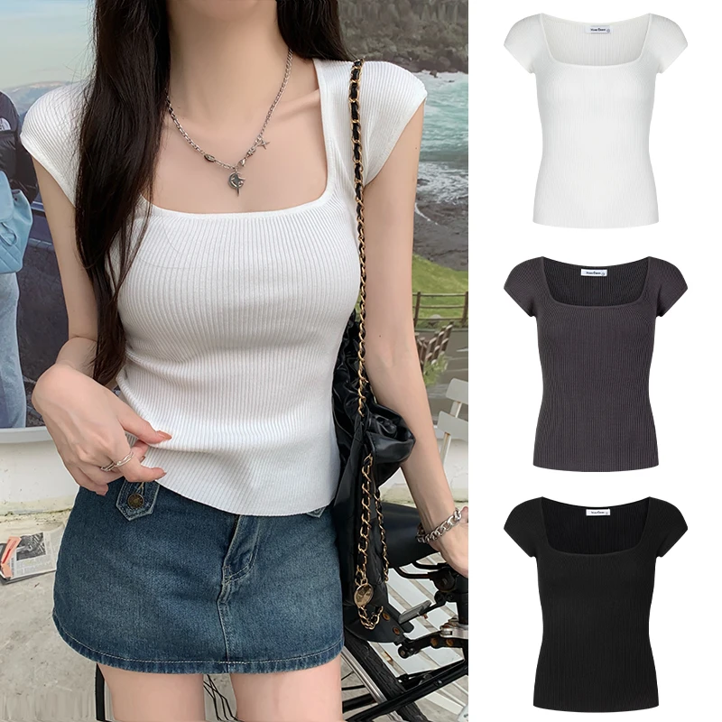 Moses Queen/魔西女王美式方领短袖t恤女夏季修身显瘦辣妹上衣服