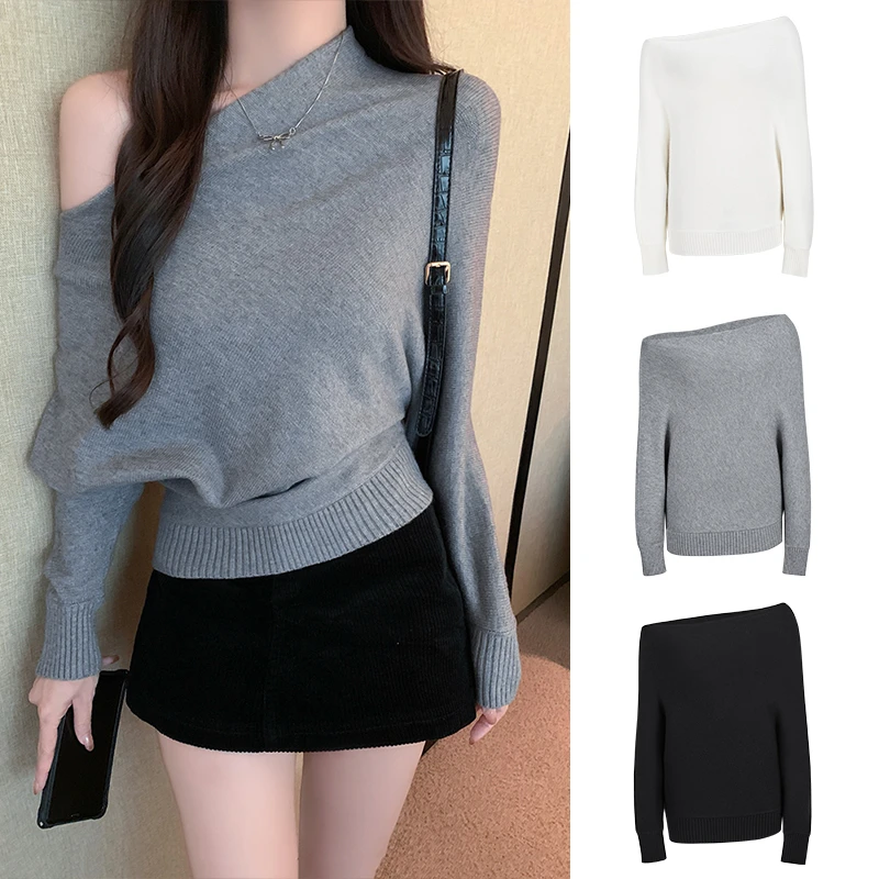 Moses Queen/魔西女王设计感小众斜肩针织衫女秋冬慵懒风毛衣上衣