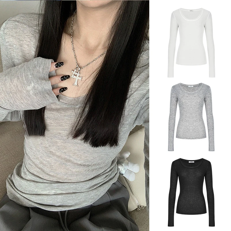 Moses Queen/魔西女王薄款微透长袖T恤女春秋上衣百搭宽松打底衫