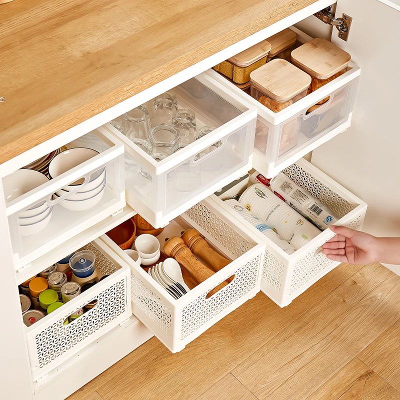 橱明星橱柜收纳盒抽屉式可伸缩桌面杂物厨房整理盒自带滑轨储物篮