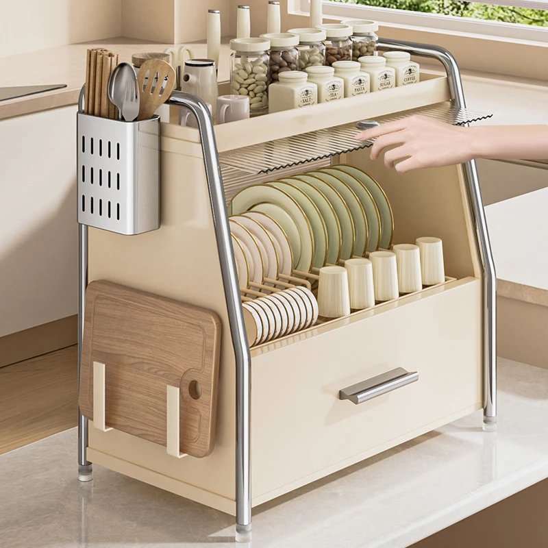 橱明星厨房置物架翻盖碗碟收纳沥水架家用台面多功能碗柜收纳盒