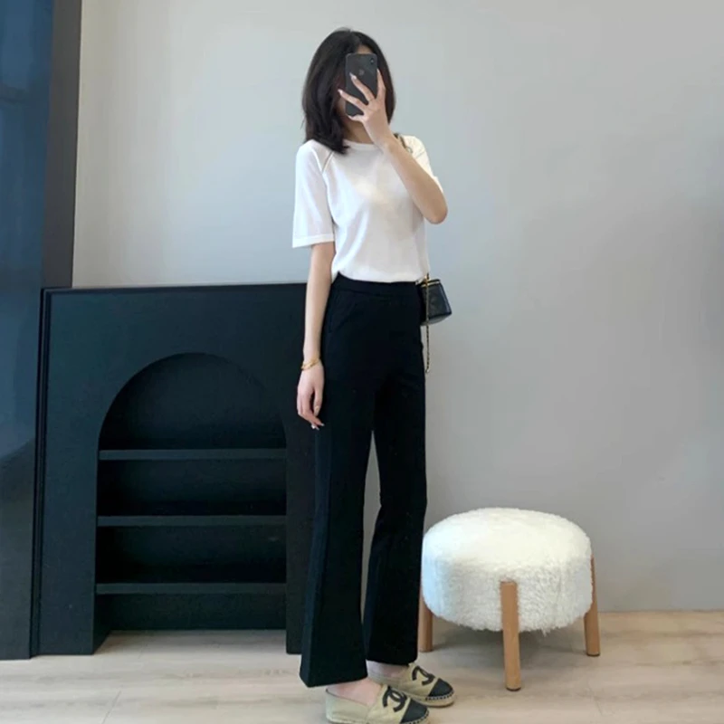 垂感冰丝九分裤子女2025夏季薄款垂感百搭显瘦松紧高腰休闲微喇裤
