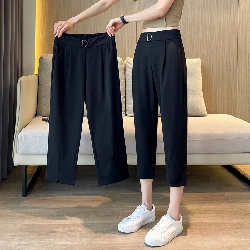 黑色冰丝七分裤女夏季薄款2025新款大码女裤哈伦休闲中裤西装裤子