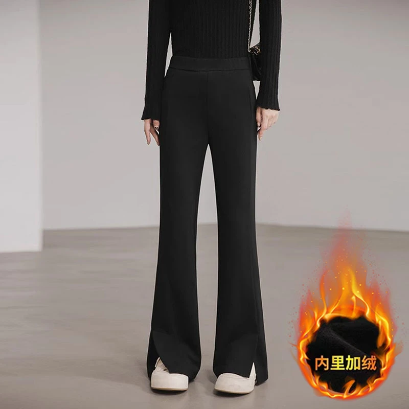 黑色加绒加厚开叉微喇裤女2025秋冬新款保暖显瘦垂感休闲阔腿西裤