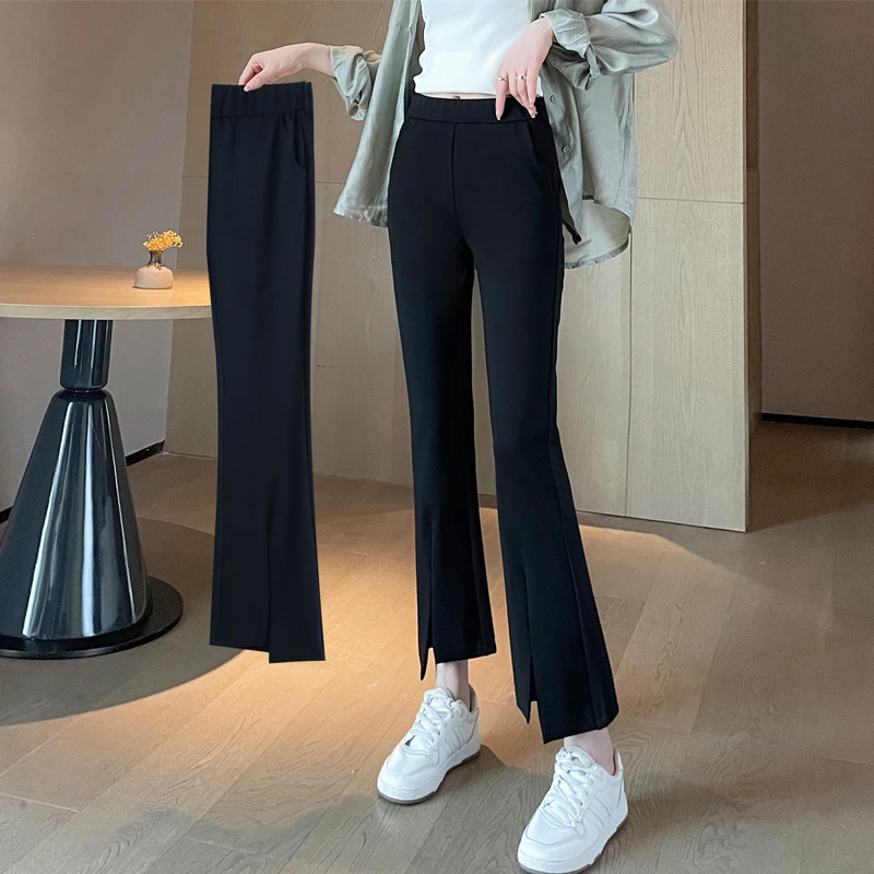 冰丝弹力松紧腰九分裤女2025夏季薄款垂感显瘦休闲裤开叉微喇裤子