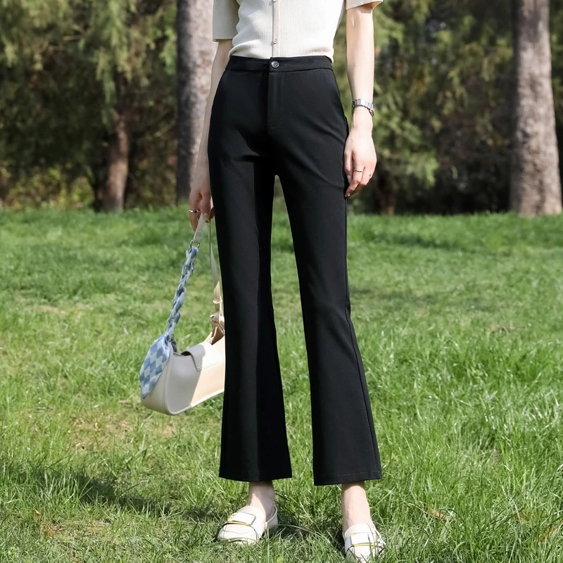 开叉西装喇叭裤子女夏季薄款2025新款黑色微喇西裤窄版九分休闲裤