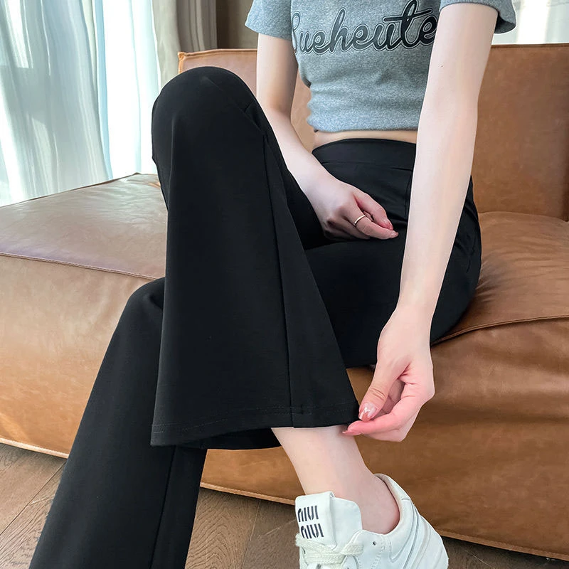黑色窄版九分微喇裤女2025春秋新款高腰宽松大码女裤八分休闲裤子