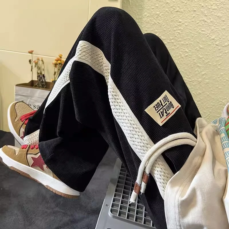 特大码300斤薄款灯芯绒裤子男春夏款拼接条纹休闲宽松直筒裤男士