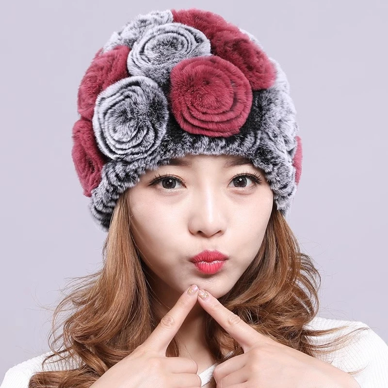 韩版兔毛皮草圆顶帽中老年妈妈双层毛线加厚玫瑰花帽子百搭老年人