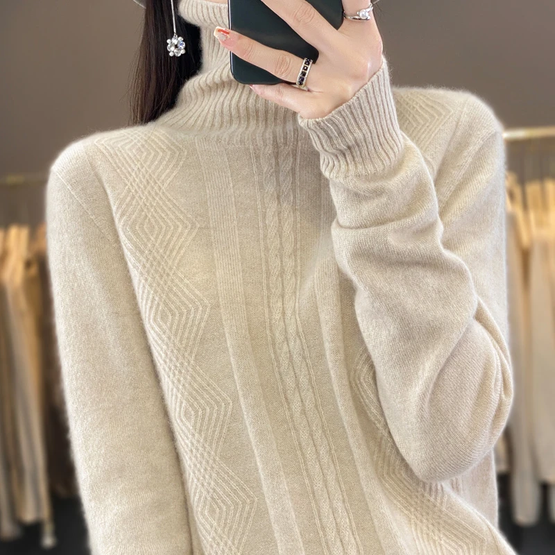 一线成衣高翻领钮花羊绒衫女毛衣气质百搭宽松打底衫针织衫ZM064