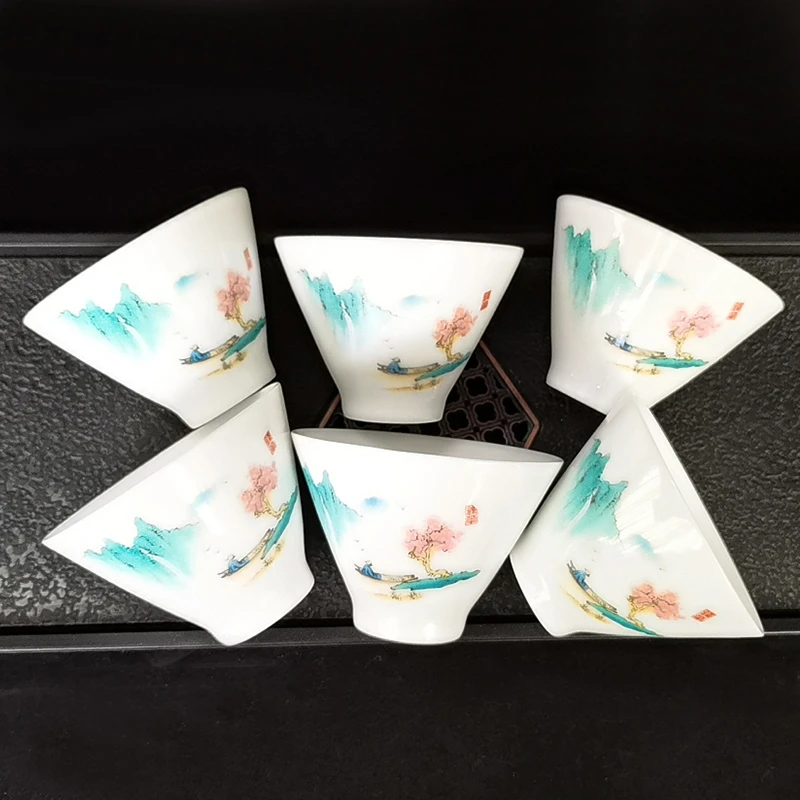 功夫茶具套装陶瓷茶杯家用中式白瓷一口杯6只装品茗杯饮茶斗笠杯