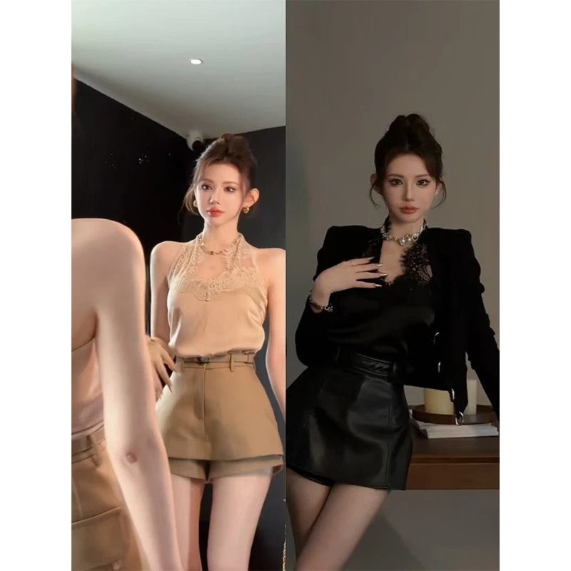粉红pink【浪漫落日】蕾丝挂脖纯欲背心吊带LWJ24C3T1841