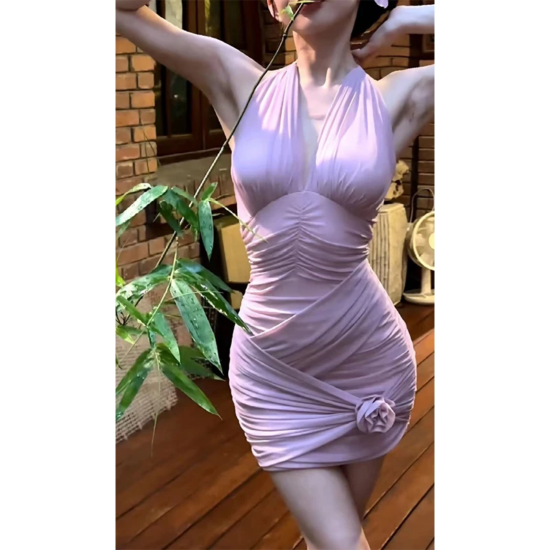 粉红pink 【粉雾苏黎尔】纯欲挂脖V领褶皱吊带连衣裙LWJ24B2Q890