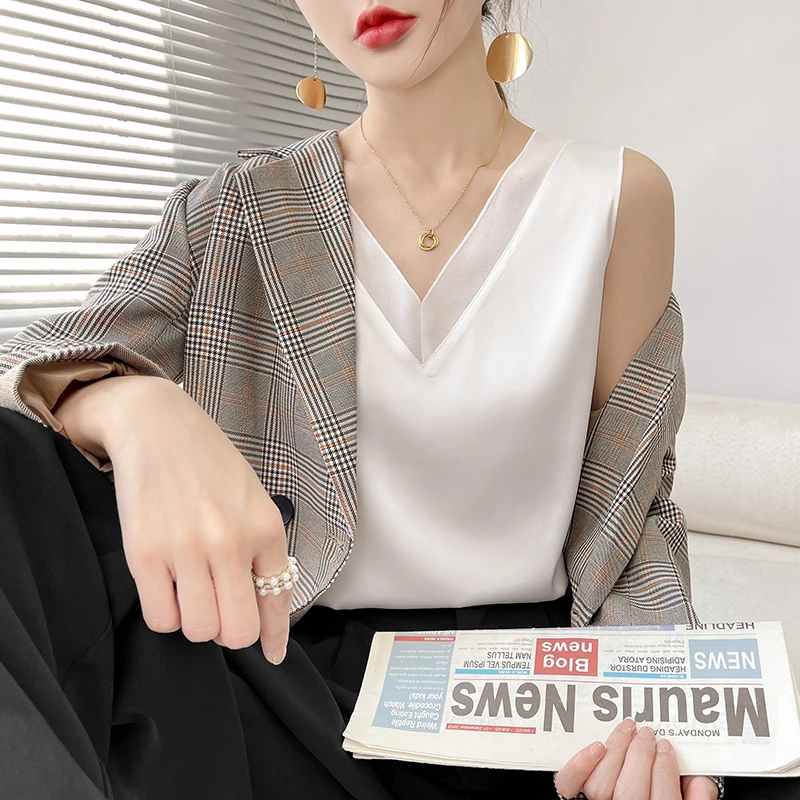 吊带背心女网纱V领内搭西装打底上衣显瘦夏季外穿时尚女春秋百搭M