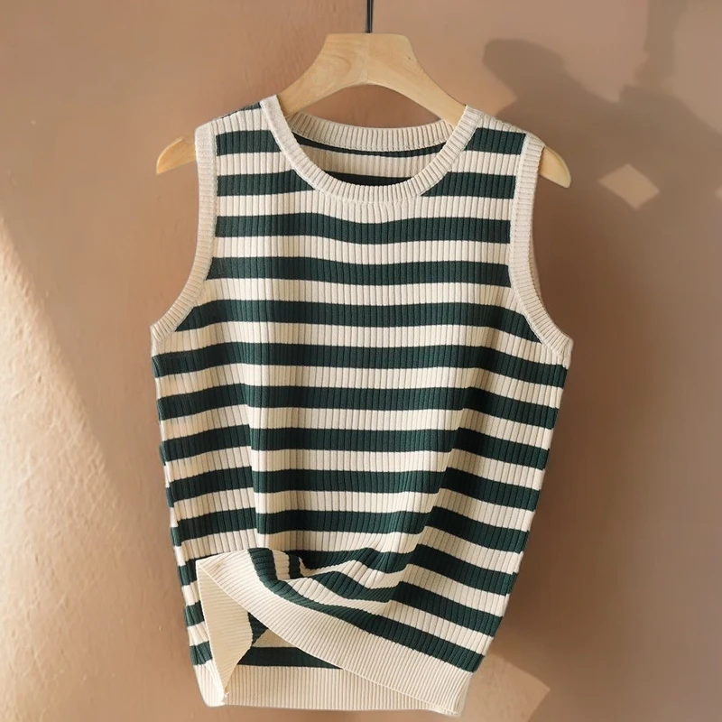 夏季条纹圆领冰丝针织背心吊带百搭休闲显瘦街头内搭无袖上衣打底