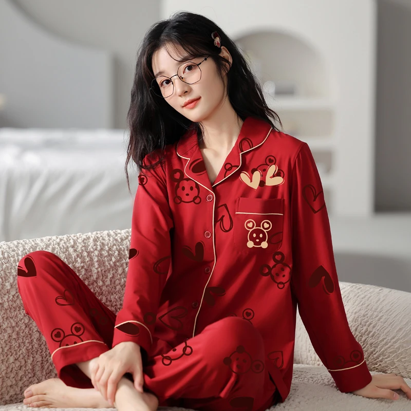 高档大红色睡衣女春秋纯棉长袖喜庆结婚本命年家居服春秋全棉套装