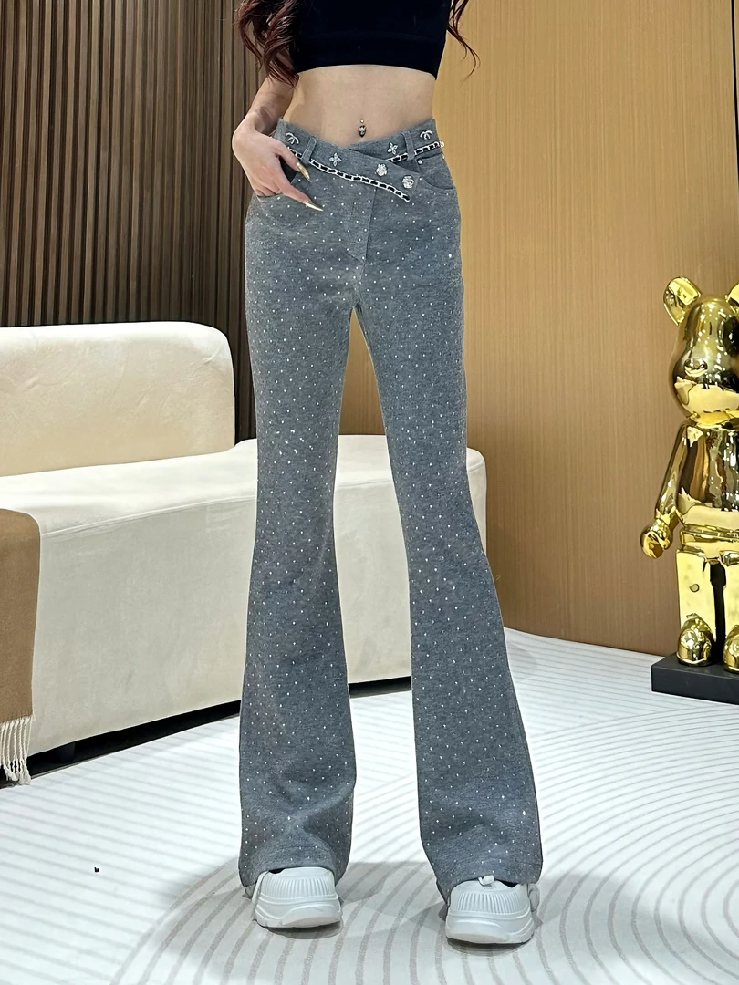 DA1657【高定烫钻手缝链条喇叭裤】 美式新款高腰斜扣显瘦设计长裤