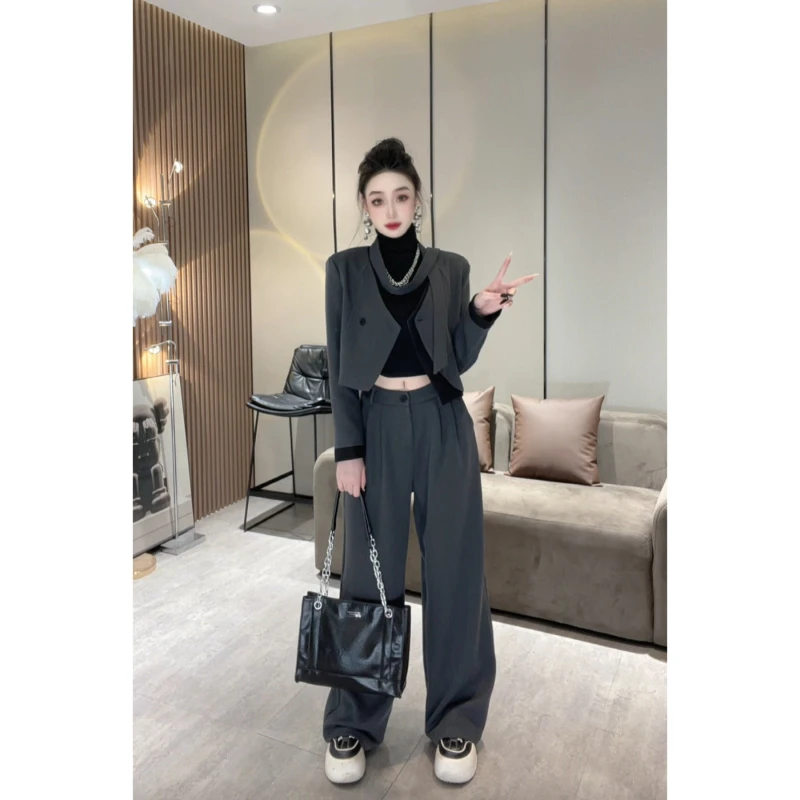XQ8272【套装】又a又飒套装女西装外套气质穿搭一整套垂感阔腿裤潮