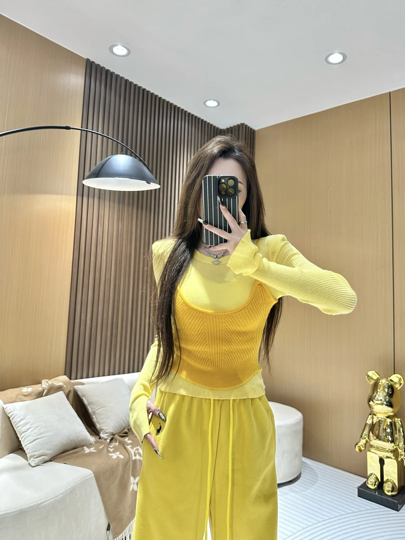 DA2454【假两件拼接吊带上衣】正肩针织衫女秋季新款洋气修身显瘦