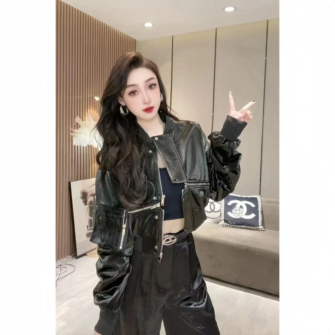 XQ2022 美式炸街辣妹红色漆皮皮衣外套女春秋新款工装机车服