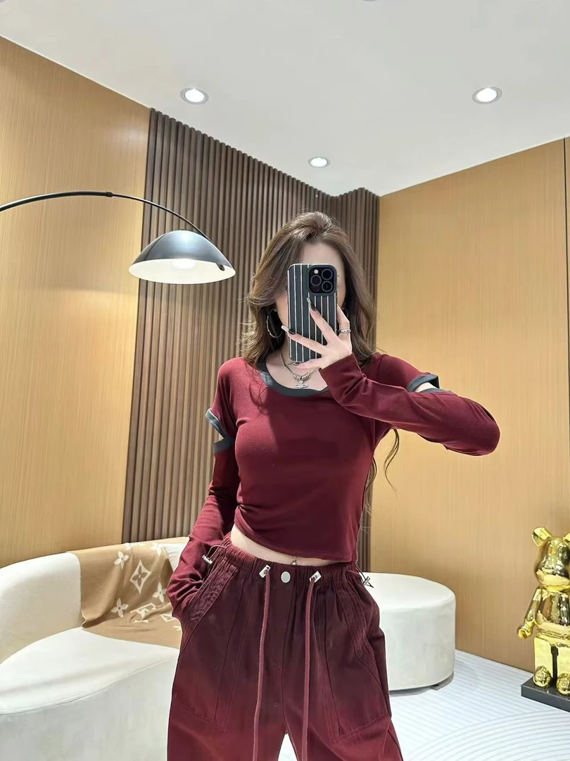 DA1255【撞色拼接U领长袖t恤】年秋季新款设计感显瘦内搭打底上衣