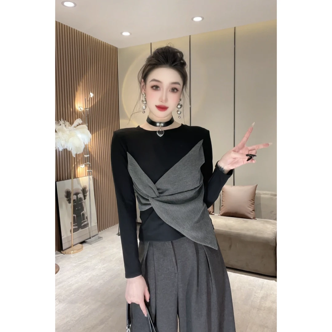 XQ892【不规则扭结T恤】修身气质打底长袖t恤女扭结拼接设计感上衣
