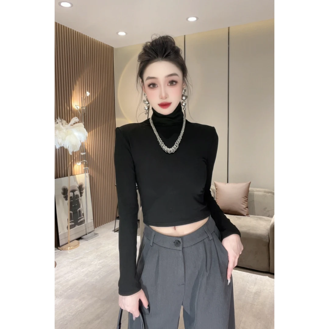 XQ1307【T恤】黑色上衣紧身别致内搭堆堆领打底衫高领长袖T恤女早秋