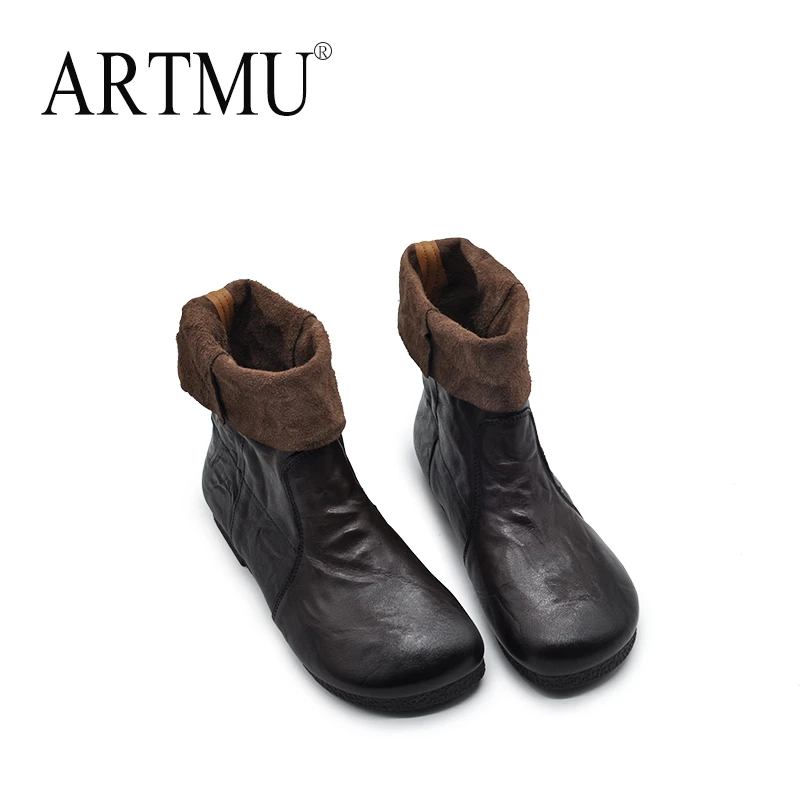 Artmu阿木手抓纹牛皮平底短靴两穿靴子女春秋新款爆款黑色A0-96