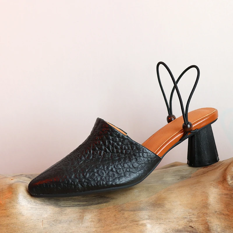 Artmu阿木原创粗高跟真皮女鞋包头半凉鞋气质尖头凉拖鞋夏2218-9