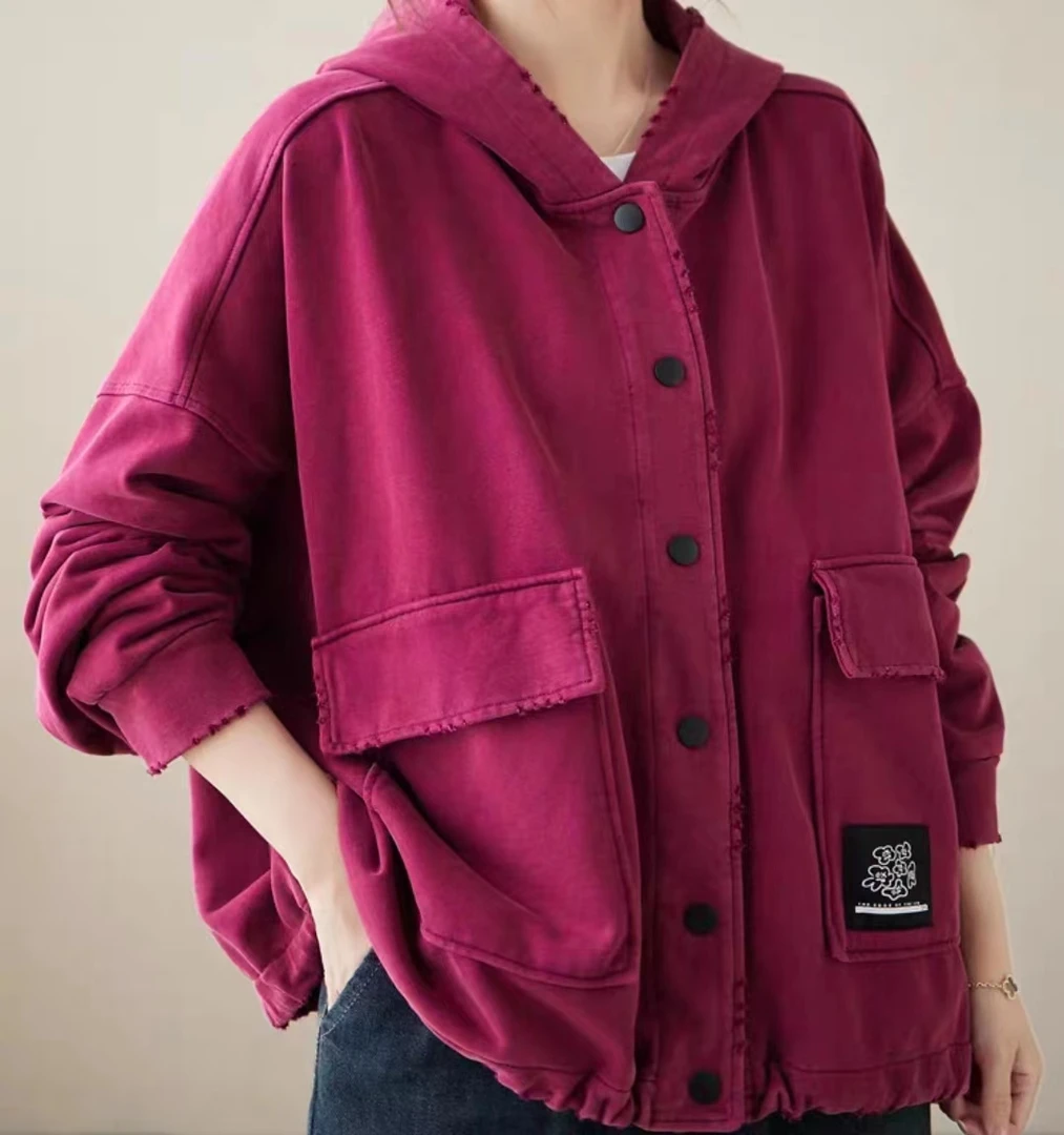 2023秋复古连帽水洗毛圈棉休闲宽松开衫卫衣外套