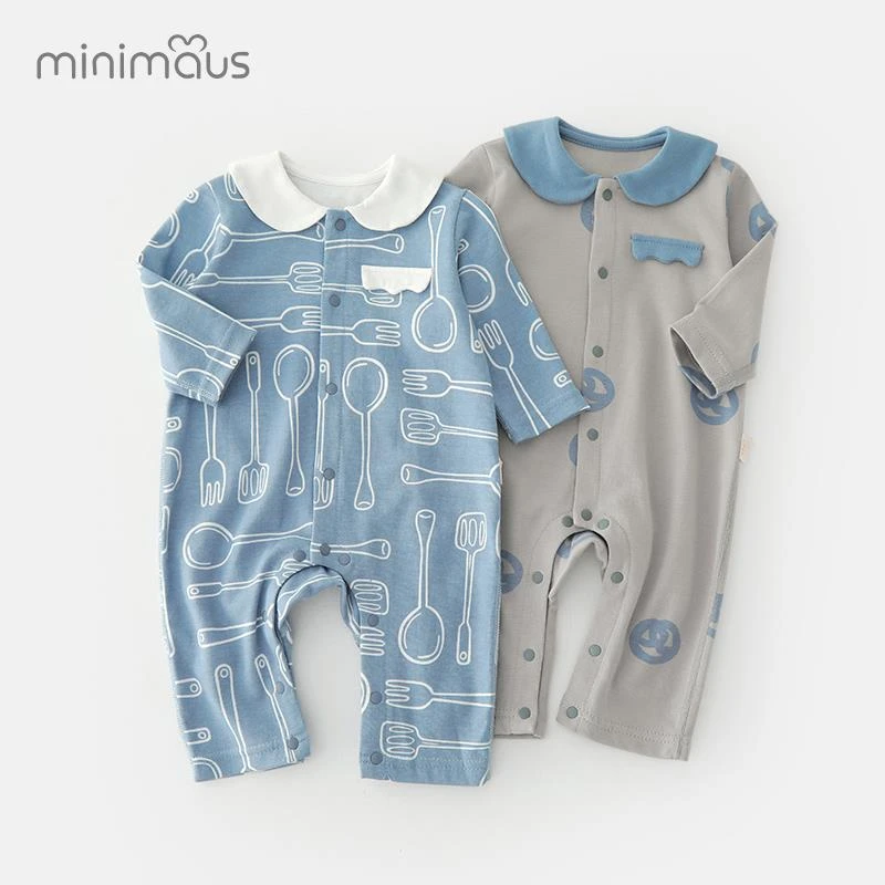 婴儿秋季连体衣纯棉新生儿春秋款娃娃领睡衣全开扣宝宝哈衣爬爬服