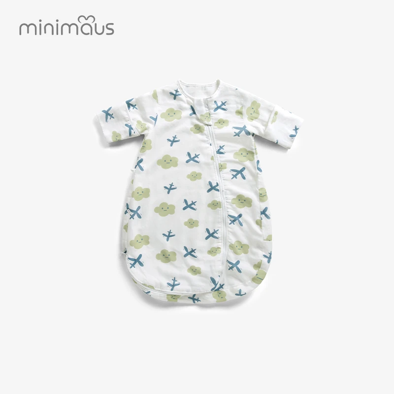 婴儿纱布睡袋春夏薄款新生儿防踢被一体式四季通用宝宝纯棉可拆袖