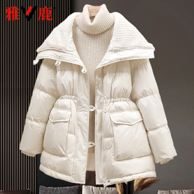 雅鹿2025新款羽绒服女中长款大翻领羊羔毛收腰显瘦韩版小香风外套