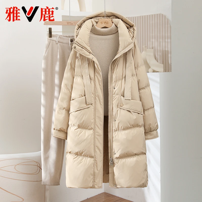 雅鹿2024冬季羽绒服女中长可脱卸帽气质显瘦遮肉加厚保暖百搭外套