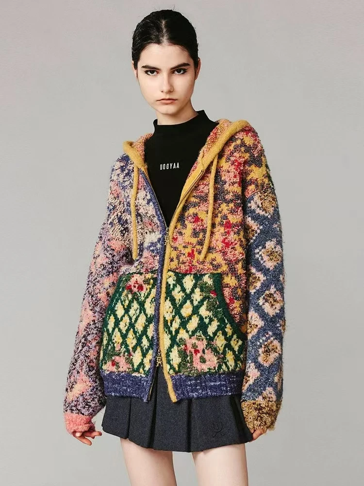 UOOYAA/乌丫24冬季新款「奶奶毛衫」复古毛织毯花连帽卫衣开衫3999