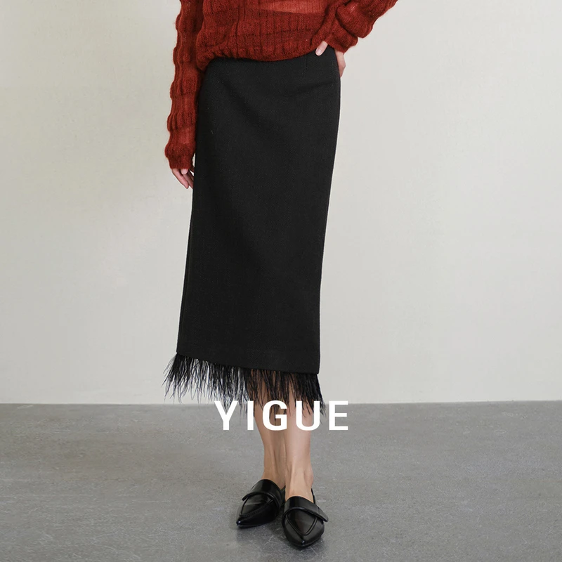 亦谷黑色半身裙女装秋冬新款流行爆款直筒高级感长款裙子G5CAR357