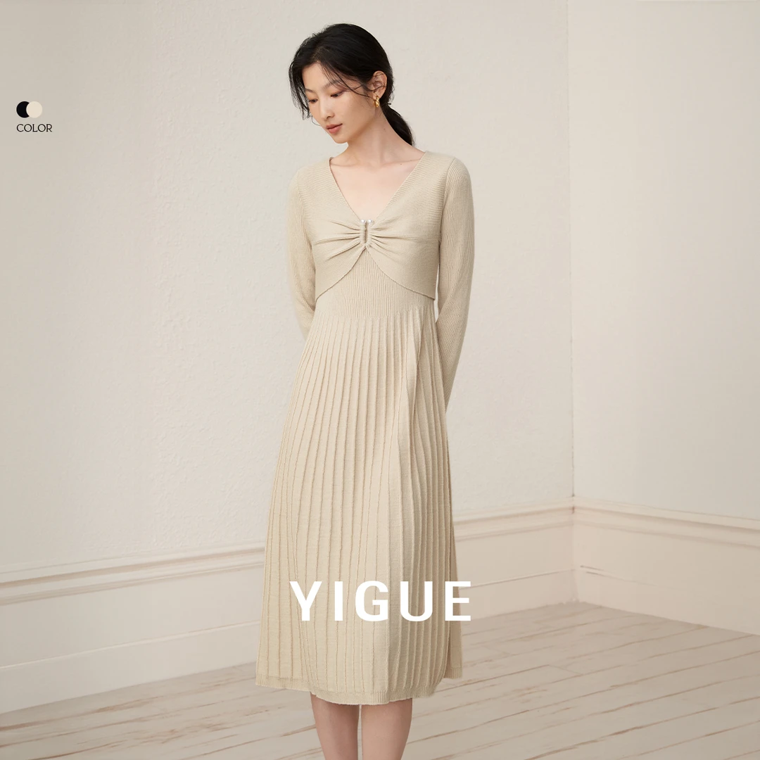 （小铃铛）亦谷高级感针织连衣裙女春新款收腰显瘦简约长裙G4CAL763