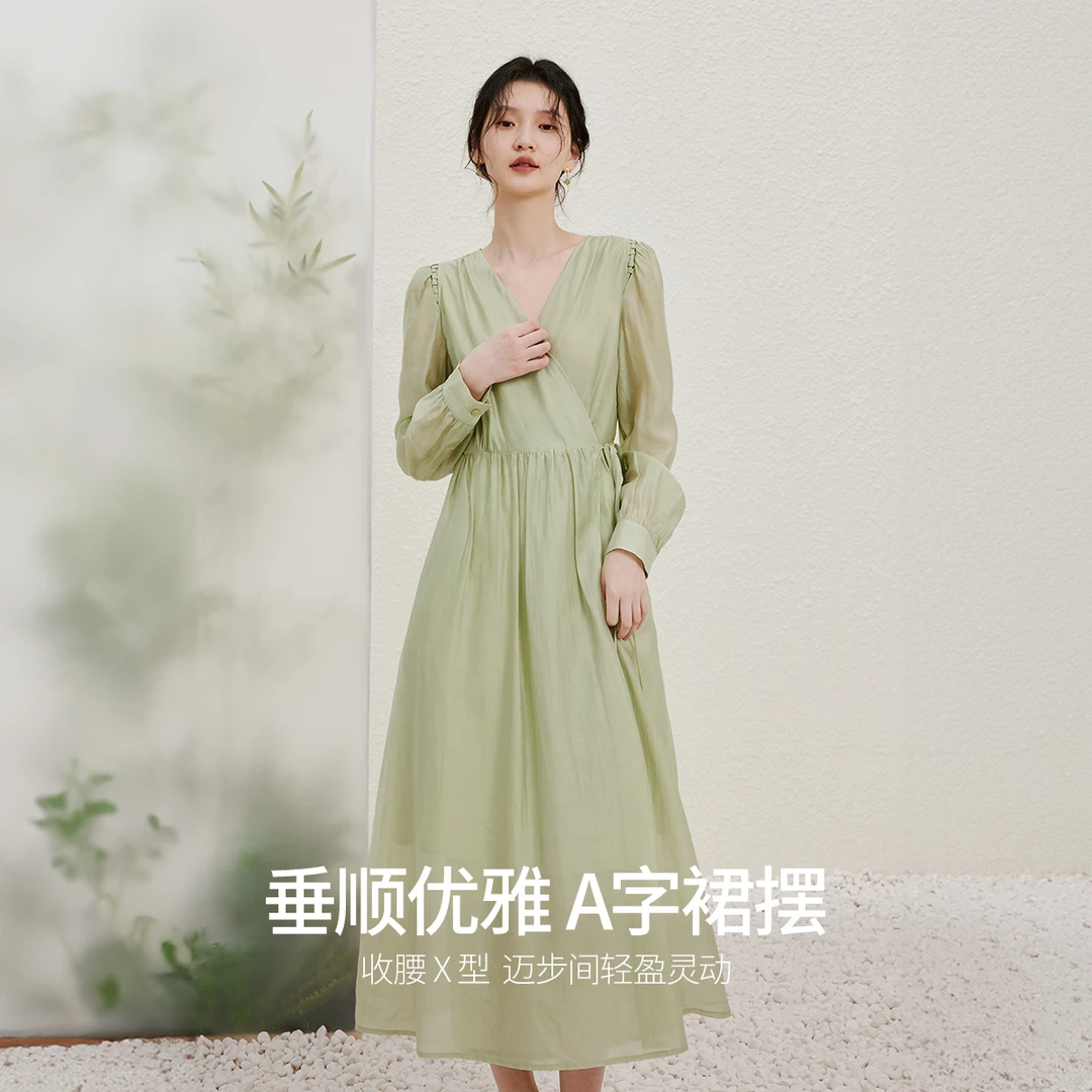【绿子粉丝】亦谷夏新款泡泡袖天丝薄款淑女风系带气质长裙G4CAL790