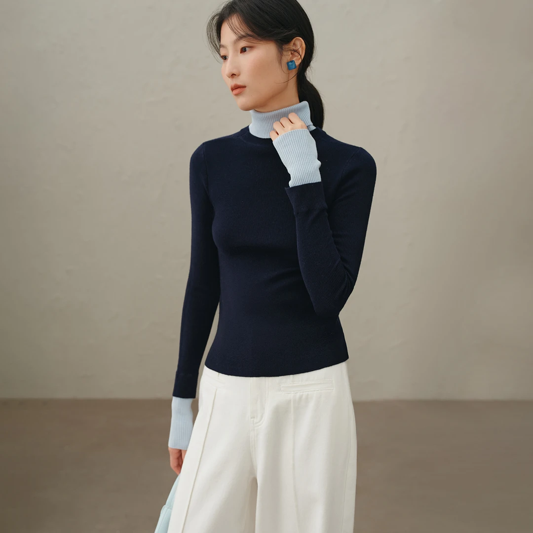 【亦谷】羊毛混纺假两件高领针织衫冬新款打底衫百搭上衣G4WAZ282-2